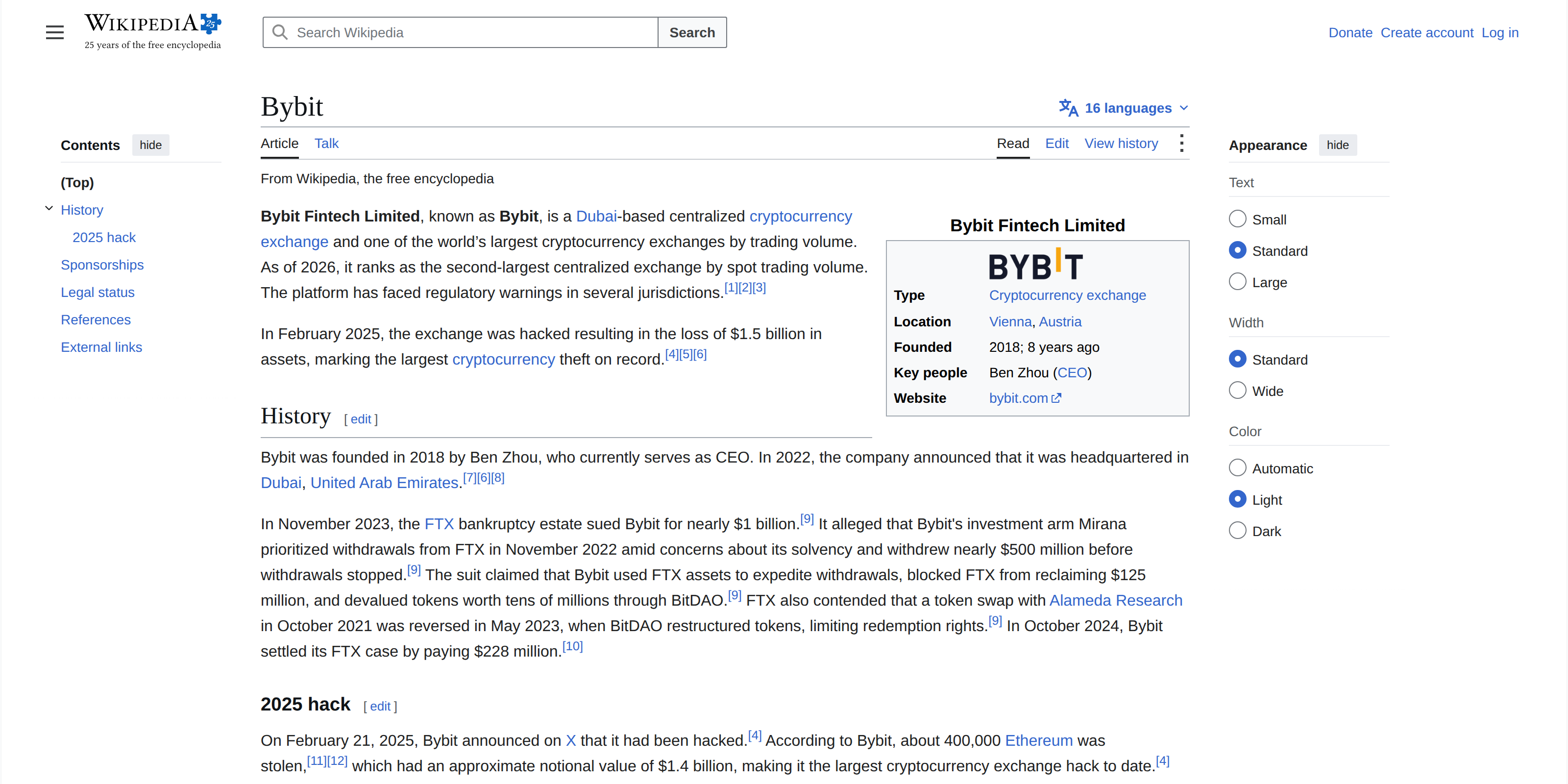 Wikipedia's Bybit entry showing its History and 2025 hack sections, noting the $1.5 billion loss