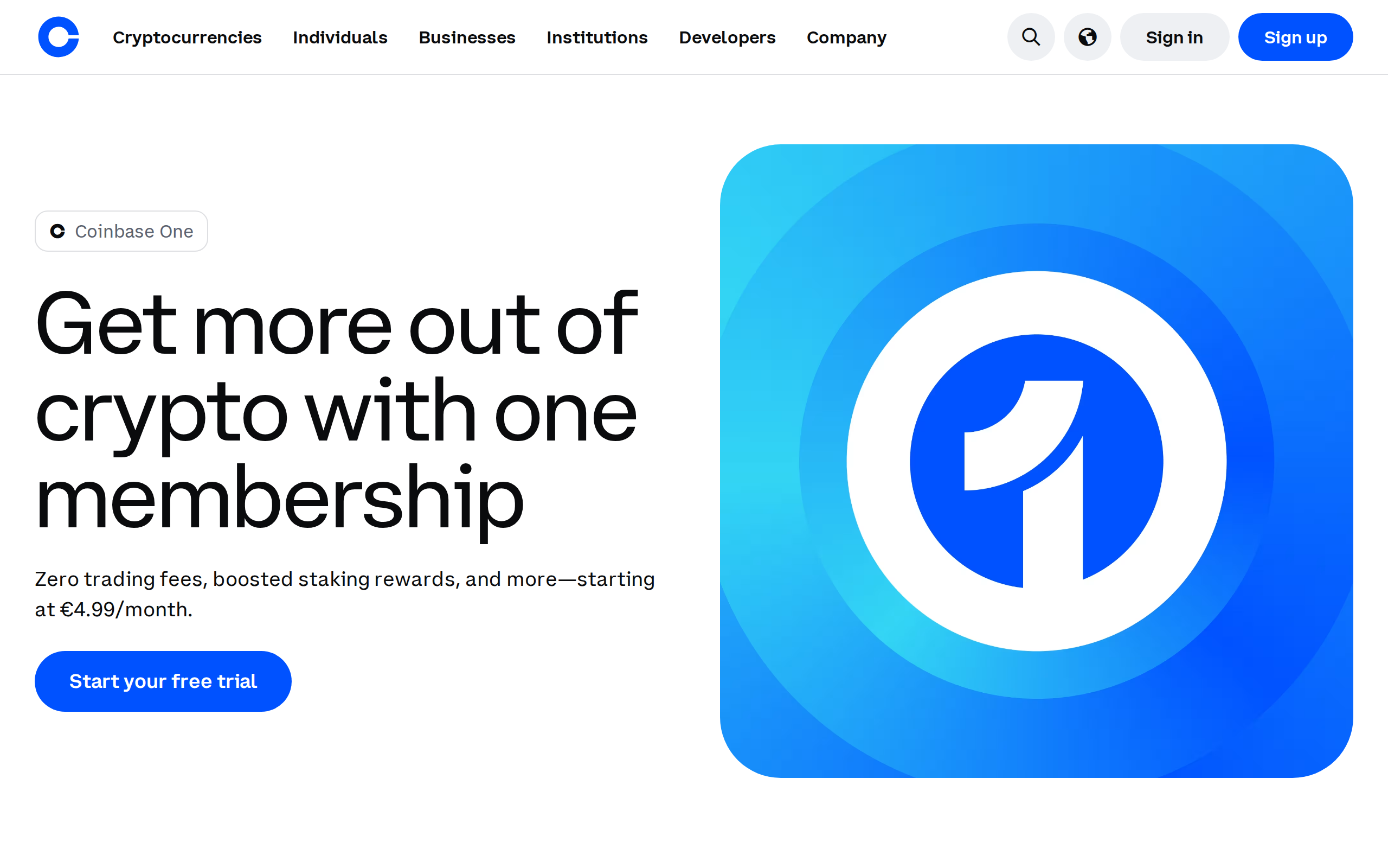 Coinbase One membership page listing zero trading fees and boosted staking rewards
