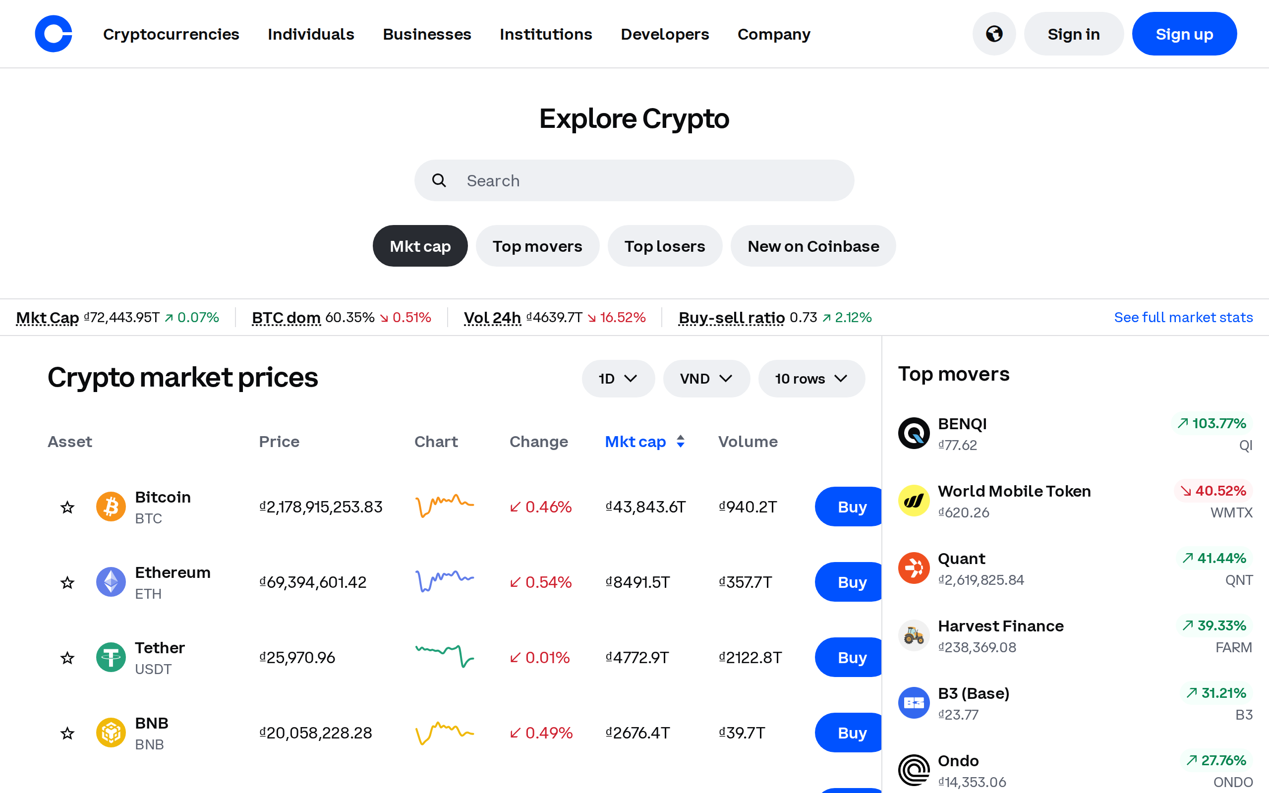 Coinbase's Explore page showing crypto market prices and top movers