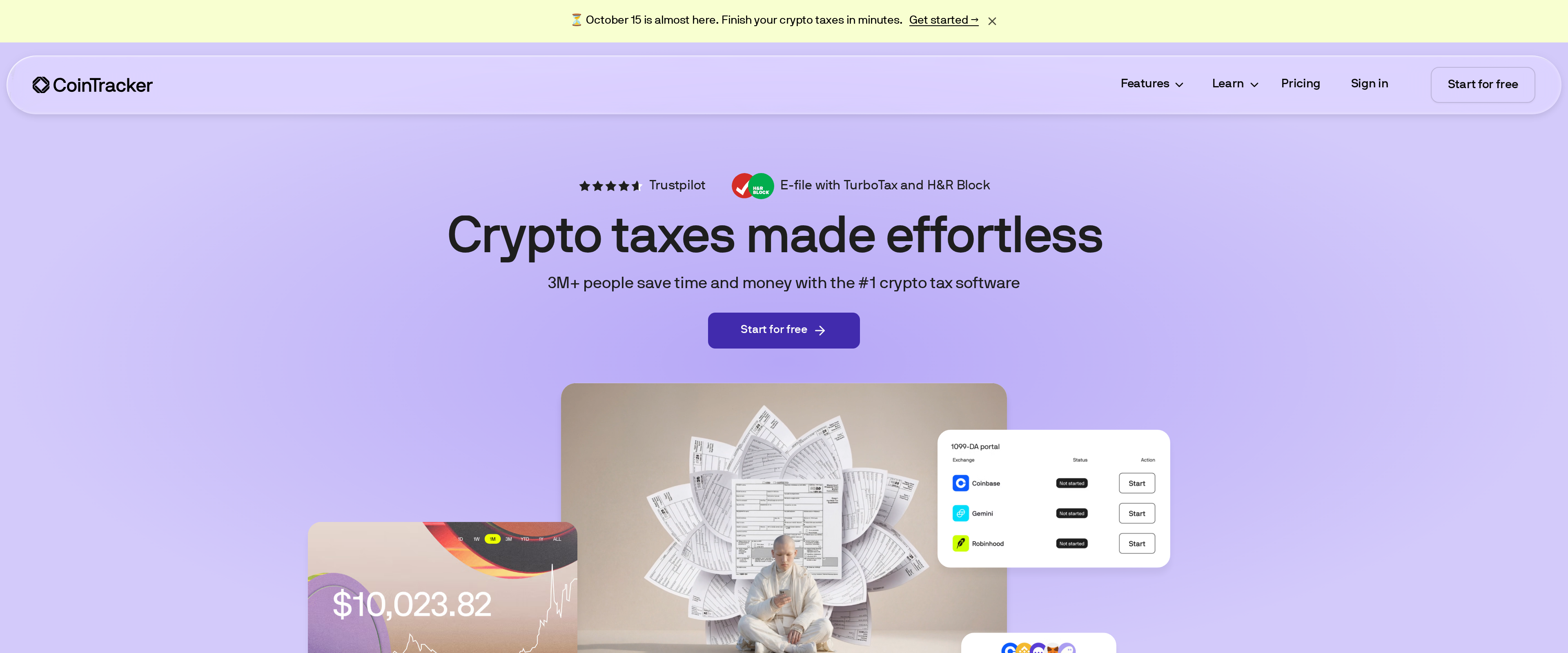 CoinTracker homepage reading Crypto taxes made effortless, describing 3M+ users of the tax software