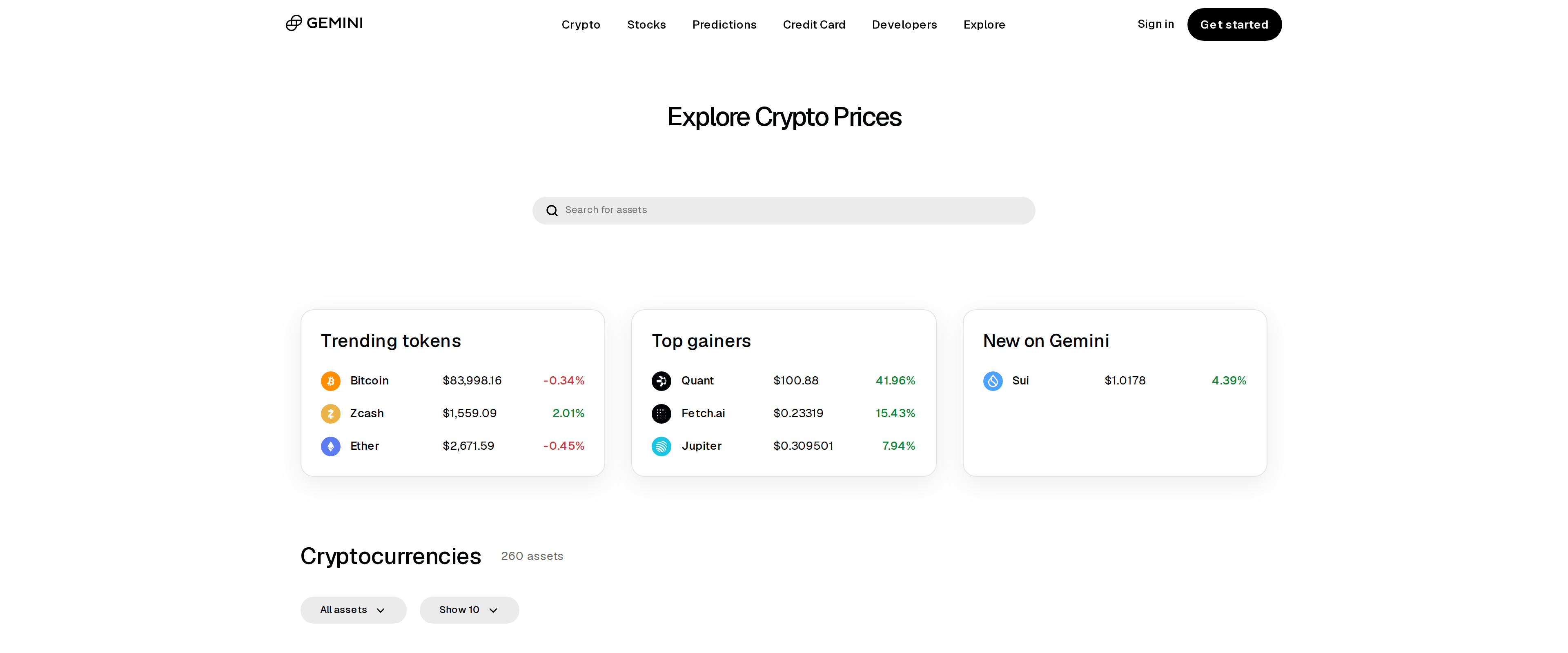 Gemini crypto prices page listing Bitcoin, Ethereum and other coin prices with percentage changes