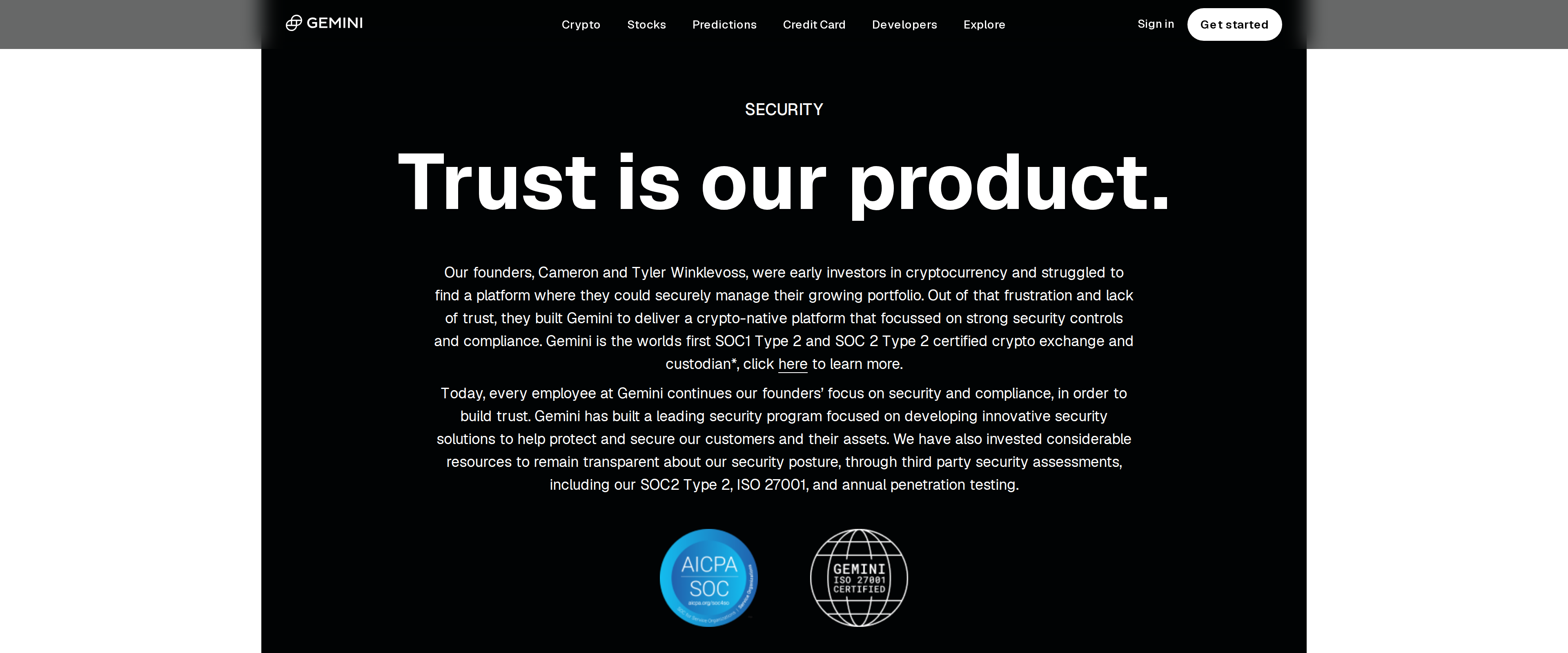 Gemini security page reading Trust is our product, describing the founders' background and compliance focus