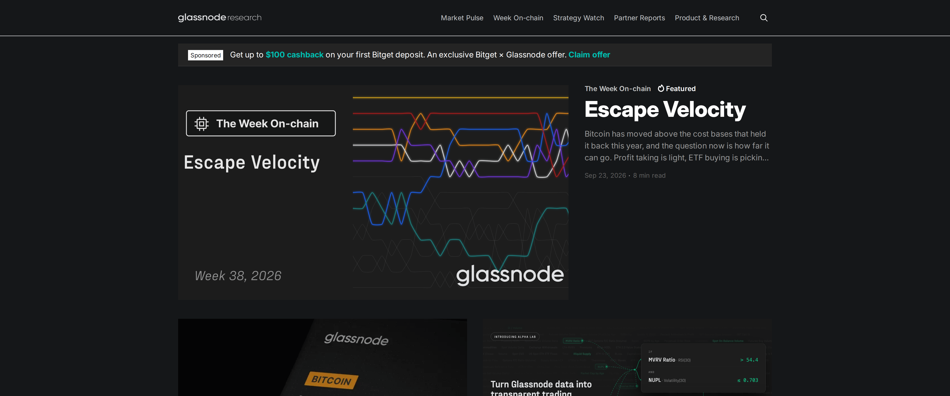 Glassnode's research homepage featuring a lead article titled Escape Velocity alongside an Alpha Lab report and a weekly market pulse note