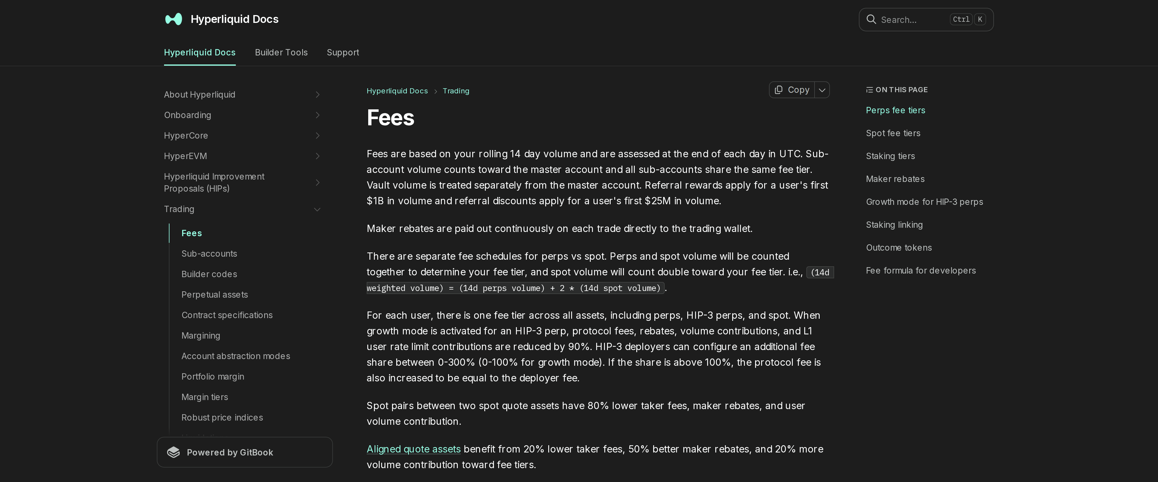 Hyperliquid fee documentation page listing sub-account, builder code and margin tier topics