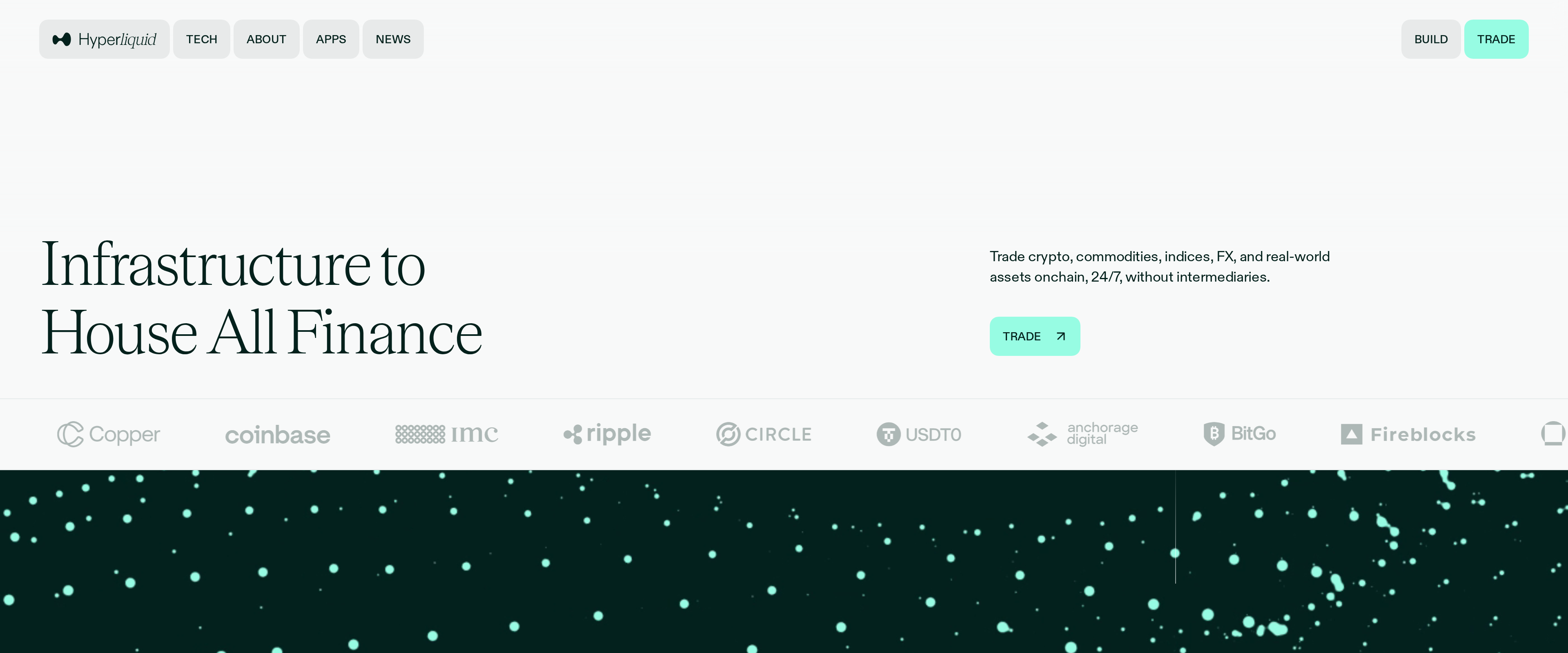 Hyperliquid homepage reading Infrastructure to House All Finance, describing on-chain trading of crypto, commodities and FX