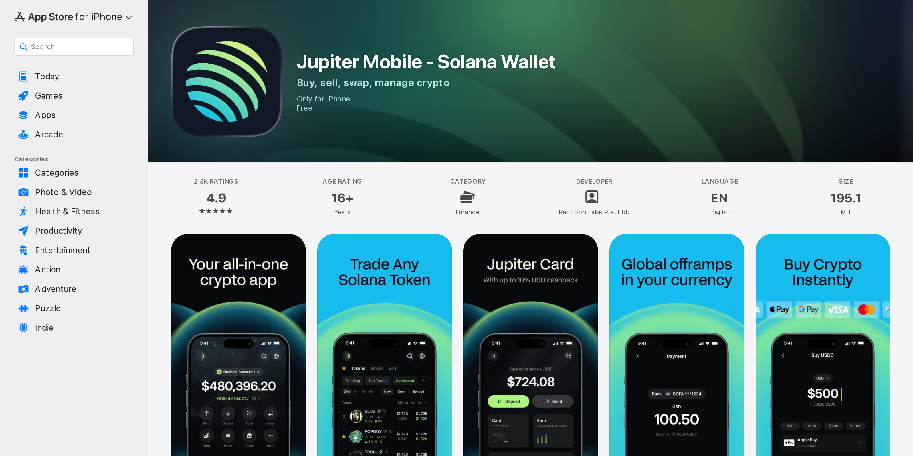 Jupiter Mobile's App Store listing, showing the Buy, sell, swap, manage crypto tagline and developer Raccoon Labs Pte. Ltd.