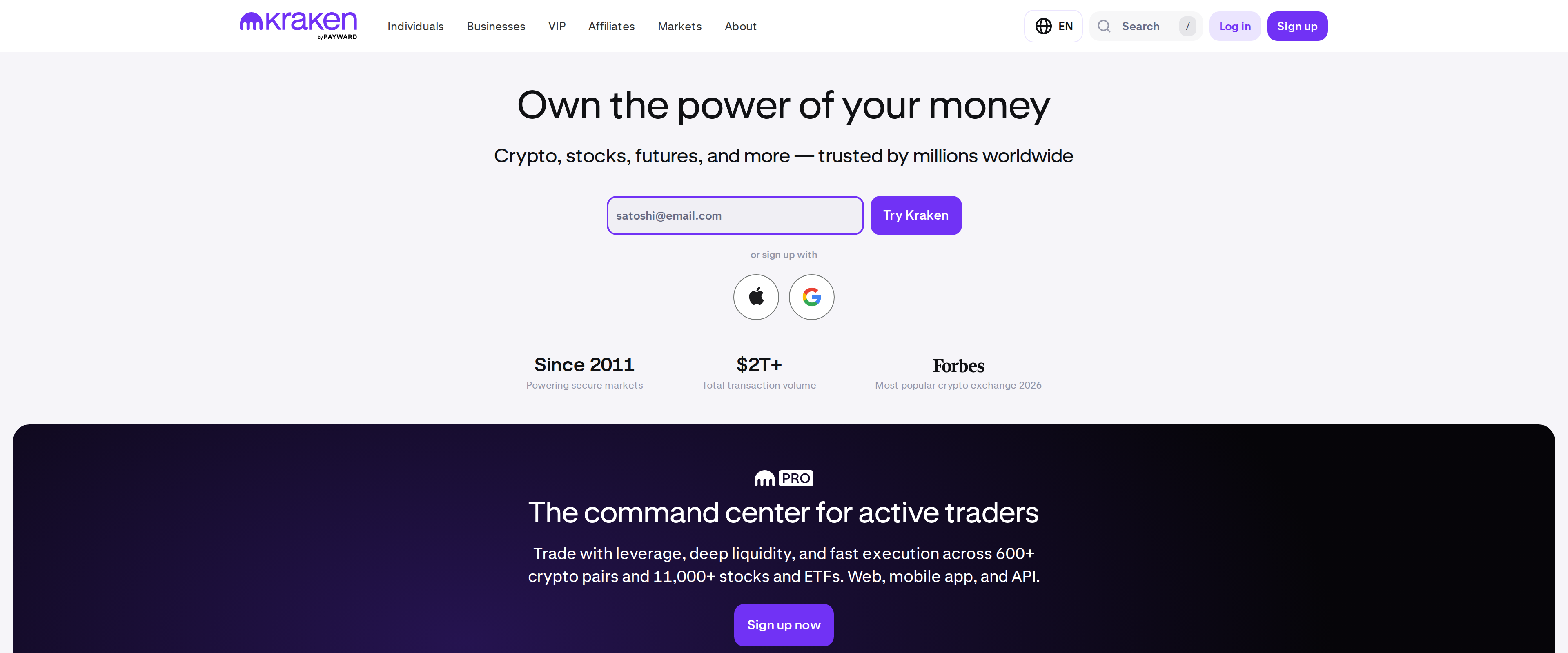 Kraken homepage headline 'Own the power of your money' with sign-up form and a Kraken Pro command center banner below