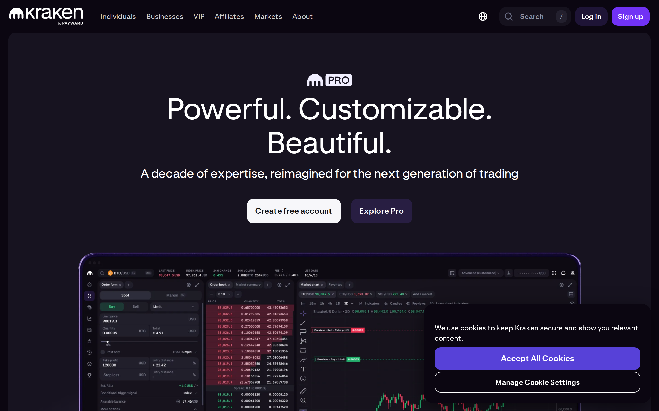 Kraken Pro trading terminal showing an order form, order book and BTC/USD price chart on a dark theme
