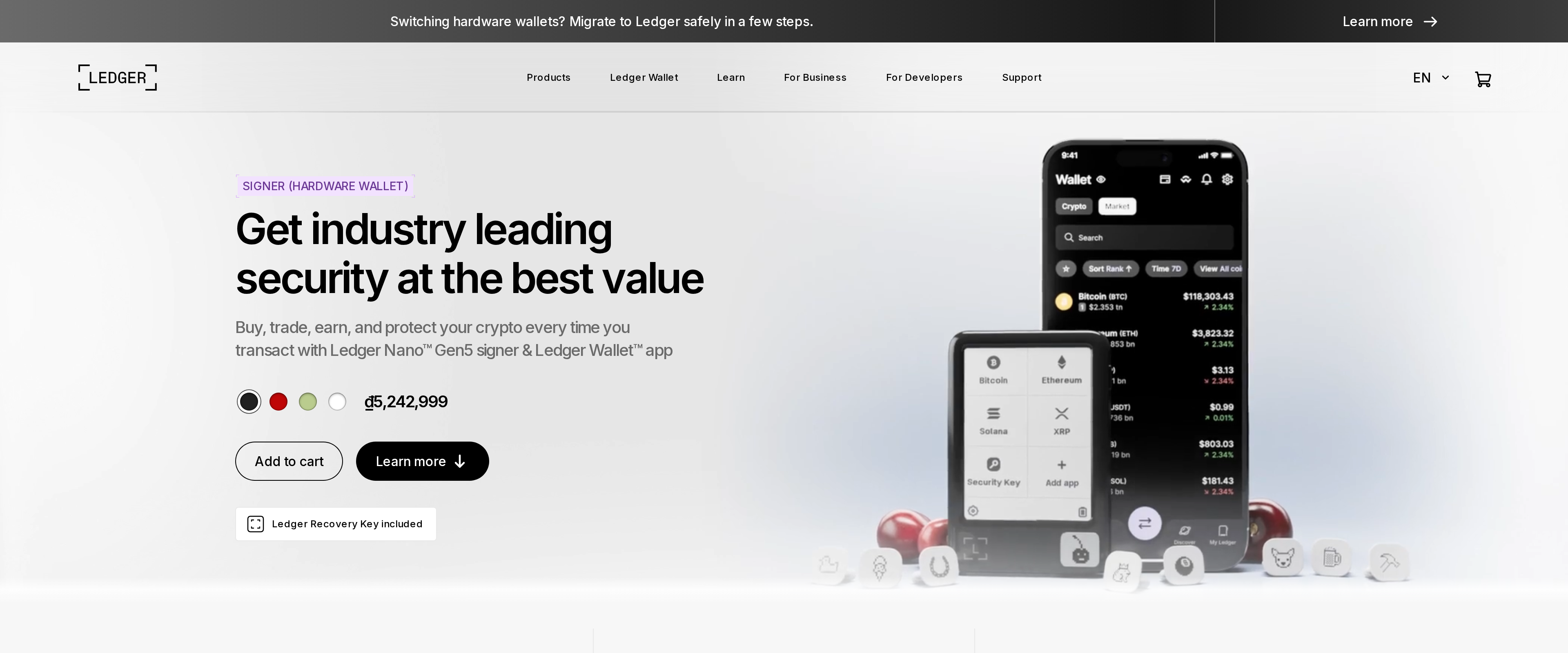 Ledger's Nano Gen5 landing page, headlined Get industry leading security at the best value, with the Ledger Recovery Key called out