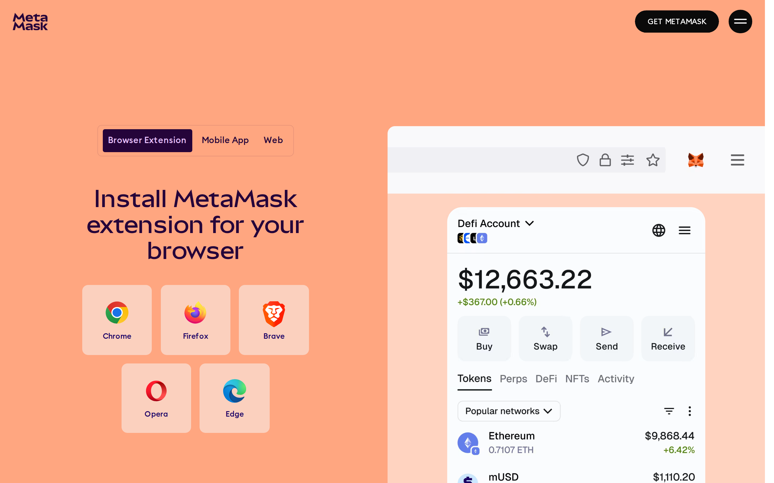 MetaMask download page: "Install MetaMask extension for your browser"
