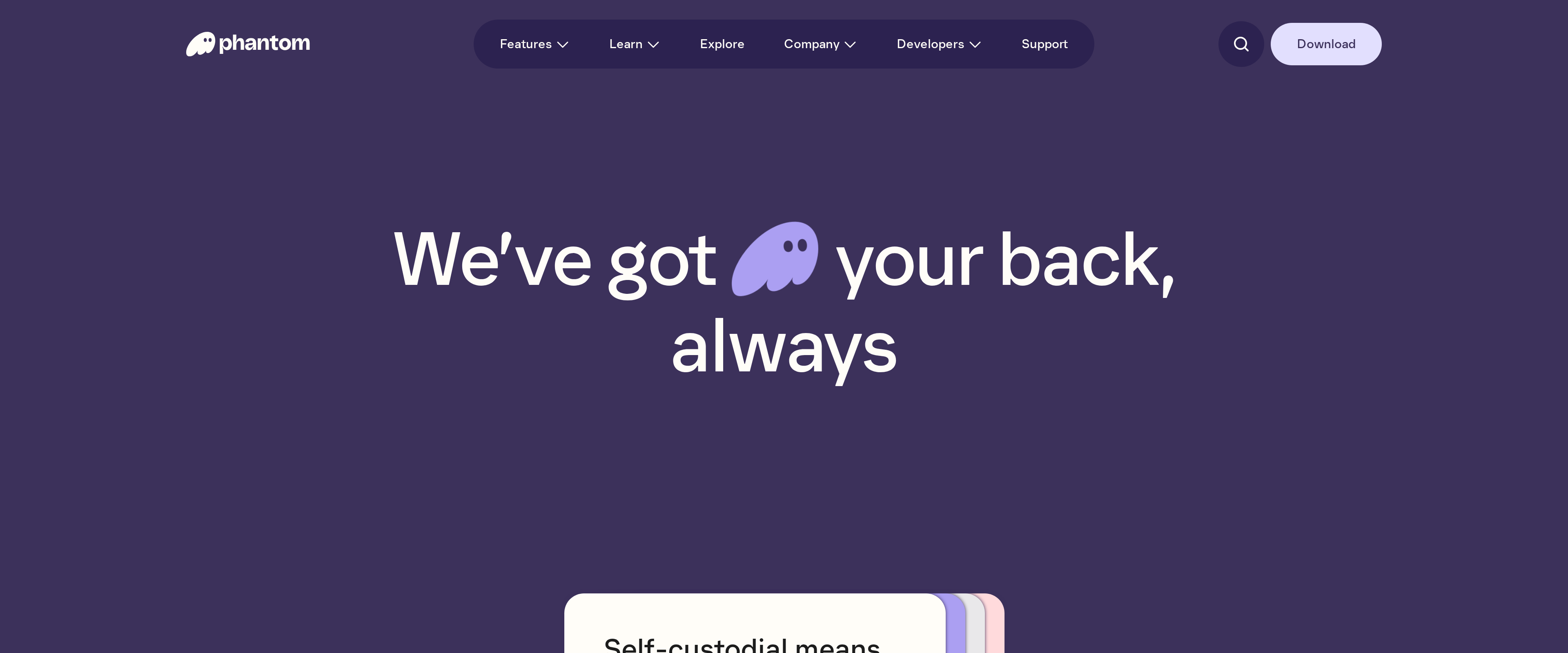 Phantom security page reading We've got your back, always, with a note that self-custody means you control your funds