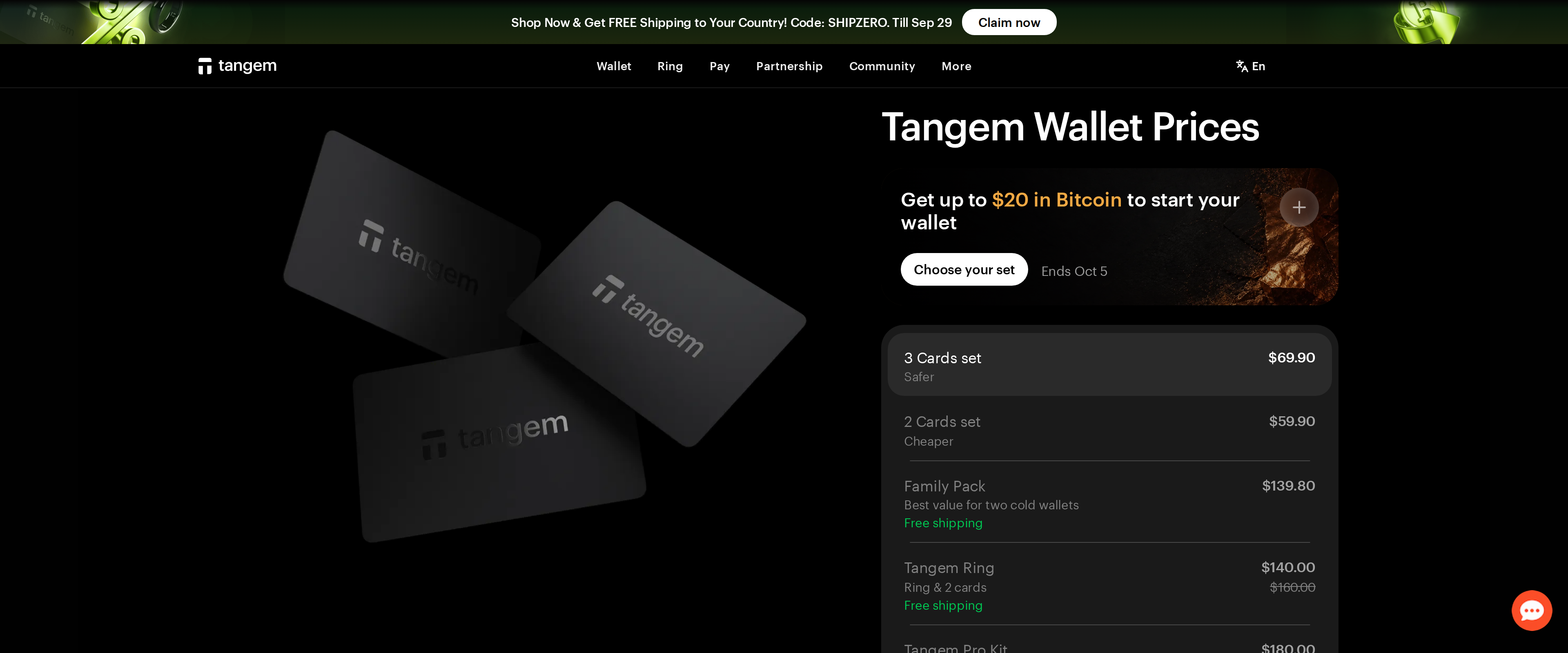 Tangem pricing page listing Wallet Prices with a two-card and three-card set and their dollar amounts