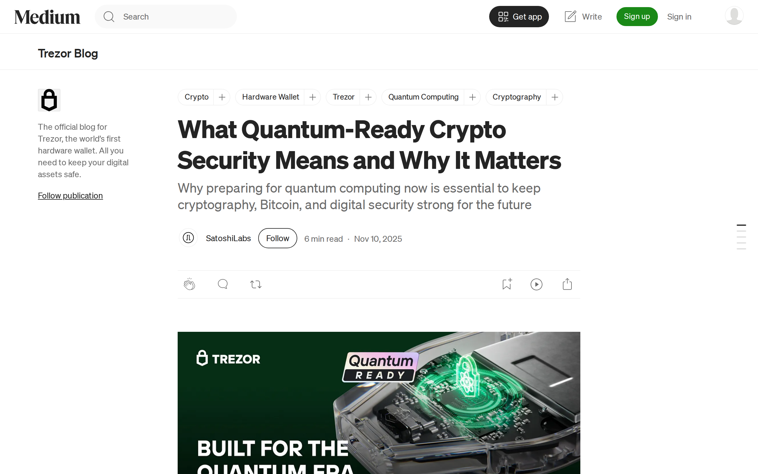 Trezor blog graphic reading 'Built for the Quantum Era' with a Quantum Ready badge over a glowing green circuit render of the Safe 7 device