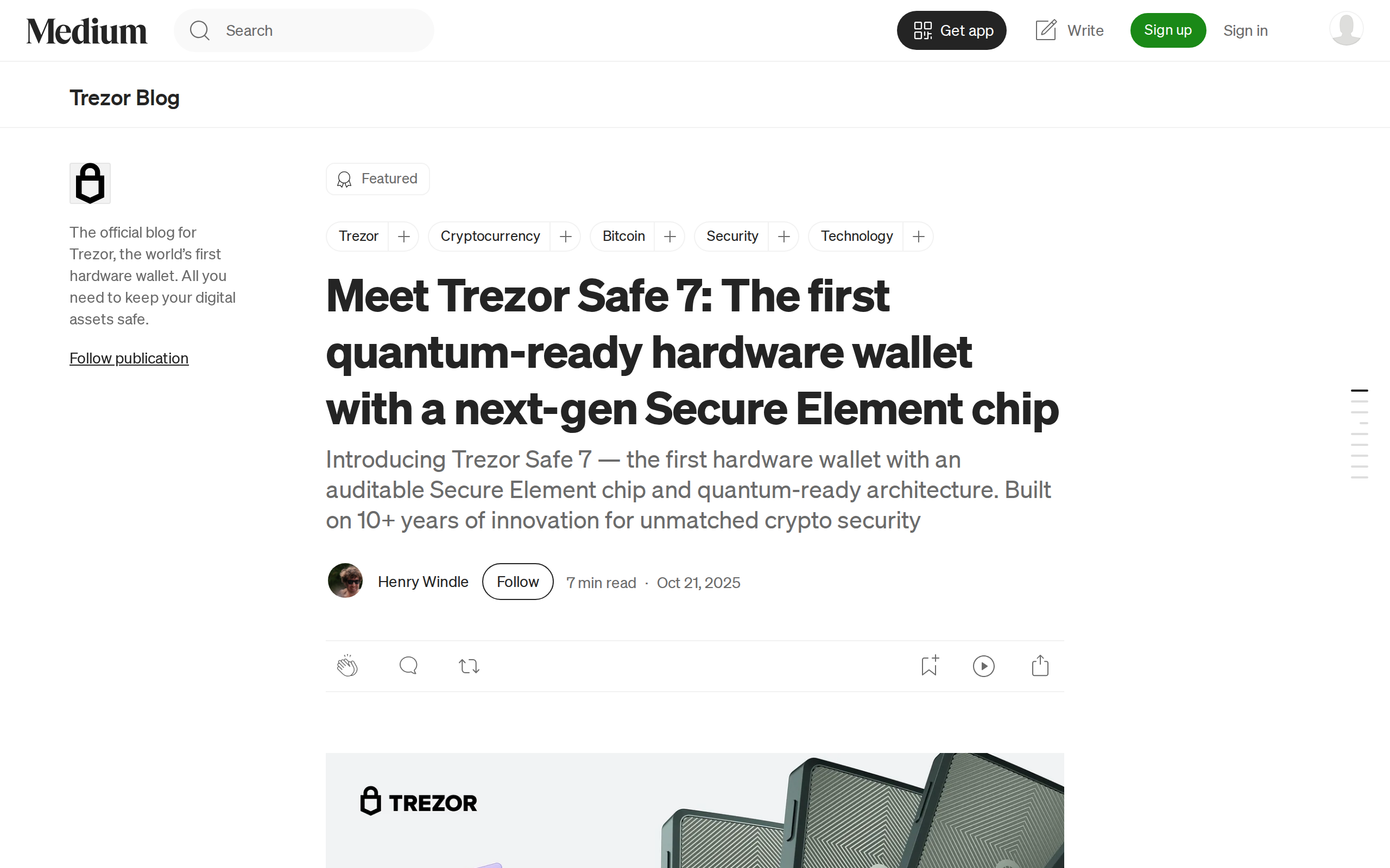 Trezor Blog launch post headline: Meet Trezor Safe 7, the first quantum-ready hardware wallet with a next-gen Secure Element chip