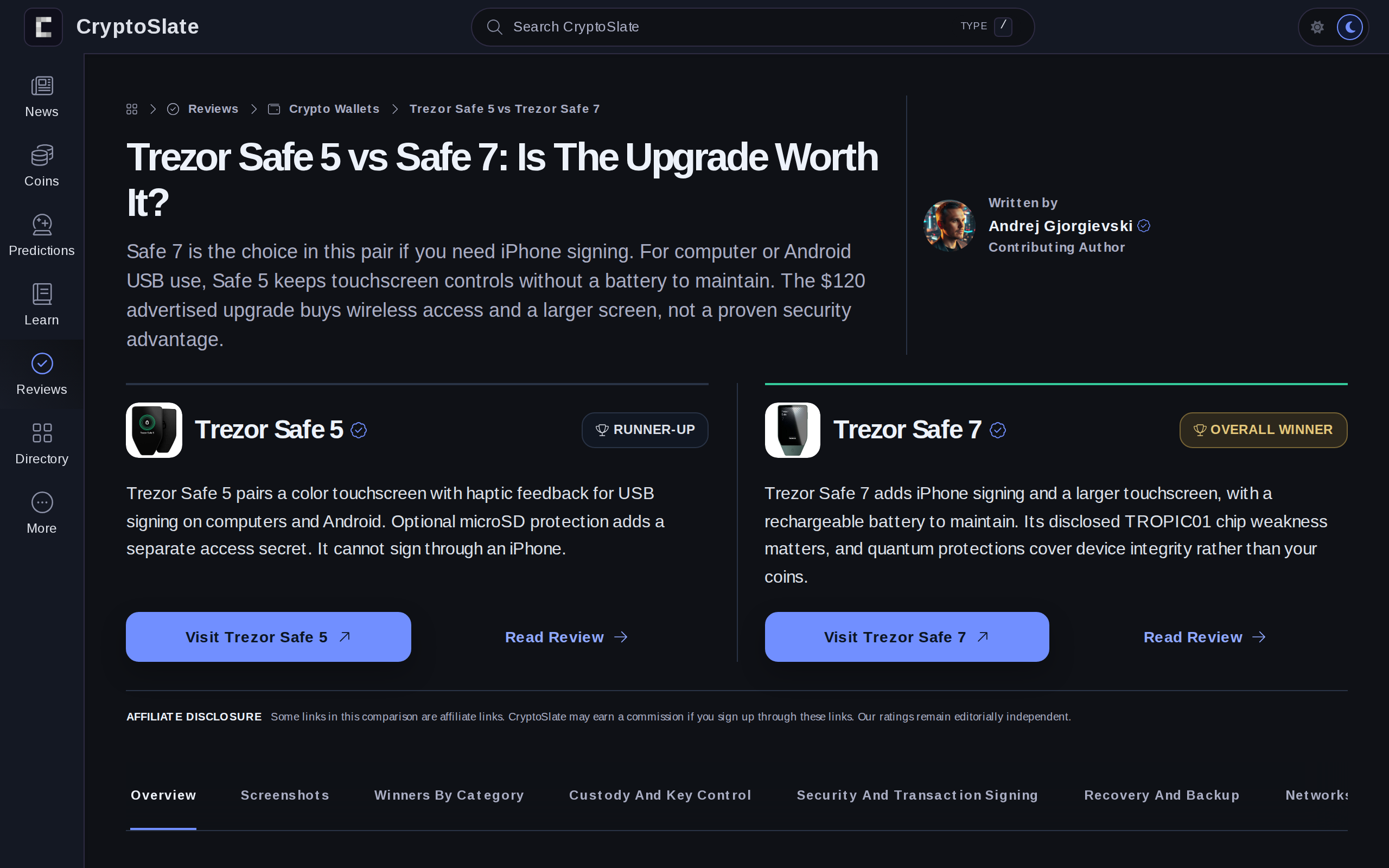 CryptoSlate comparison page headline: Trezor Safe 5 vs Safe 7, is the upgrade worth it, with Safe 5 marked runner-up and Safe 7 marked overall winner