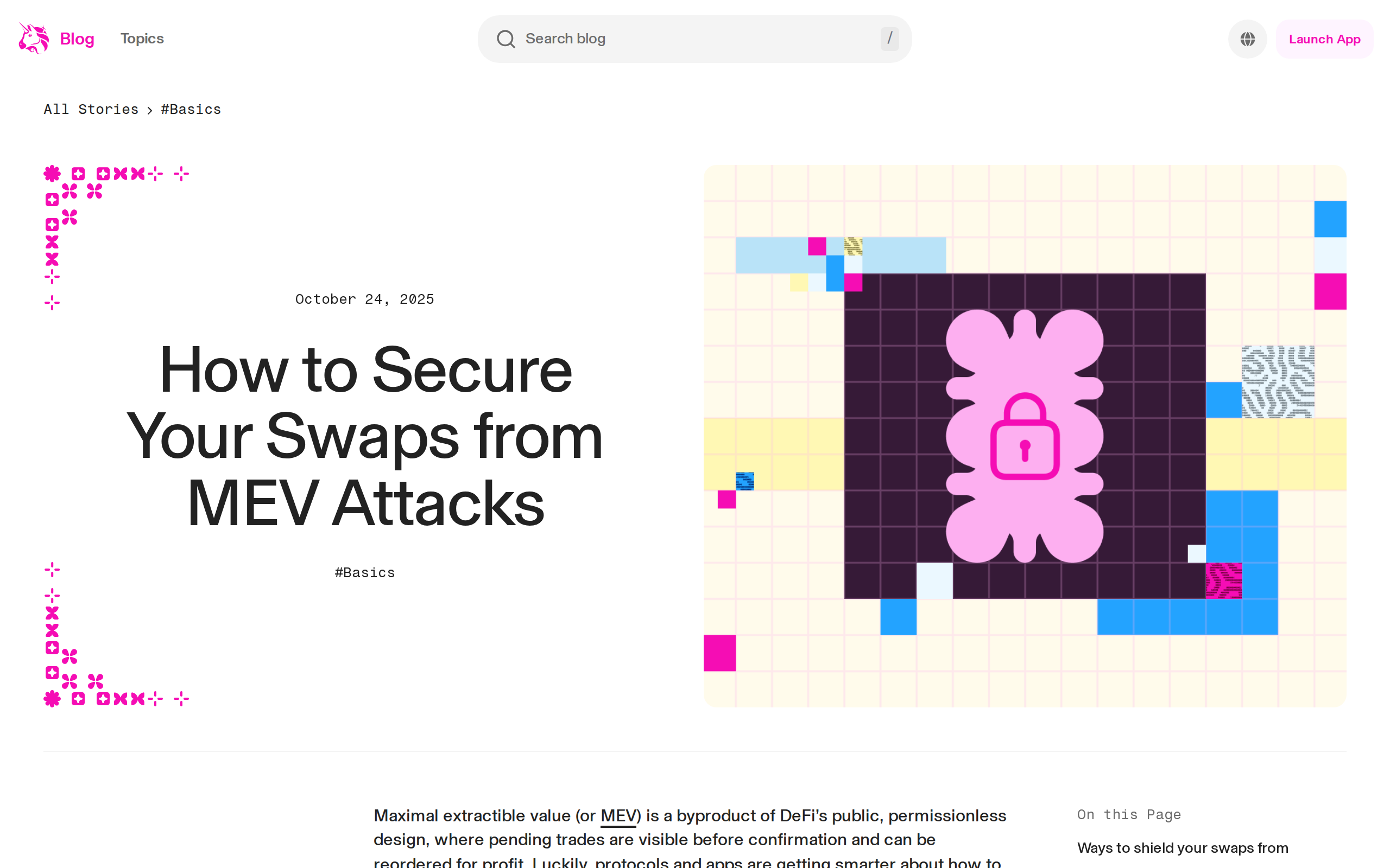 Uniswap blog article header for 'How to Secure Your Swaps from MEV Attacks' with a lock icon graphic